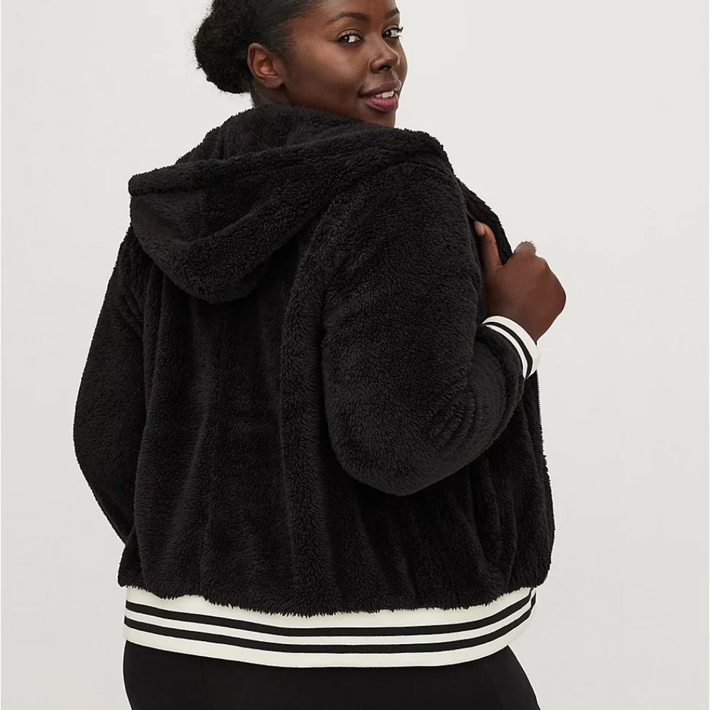 Torrid plus size bomber jacket 2 2x 18 20 black fleece coat hoodie hooded nwt